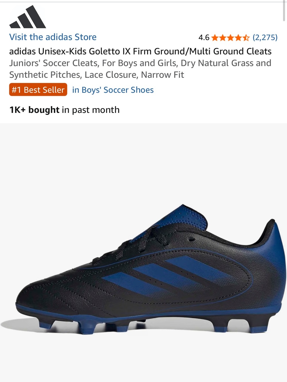 adidas Kids Team Royal Blue & Black Soccer Cleats